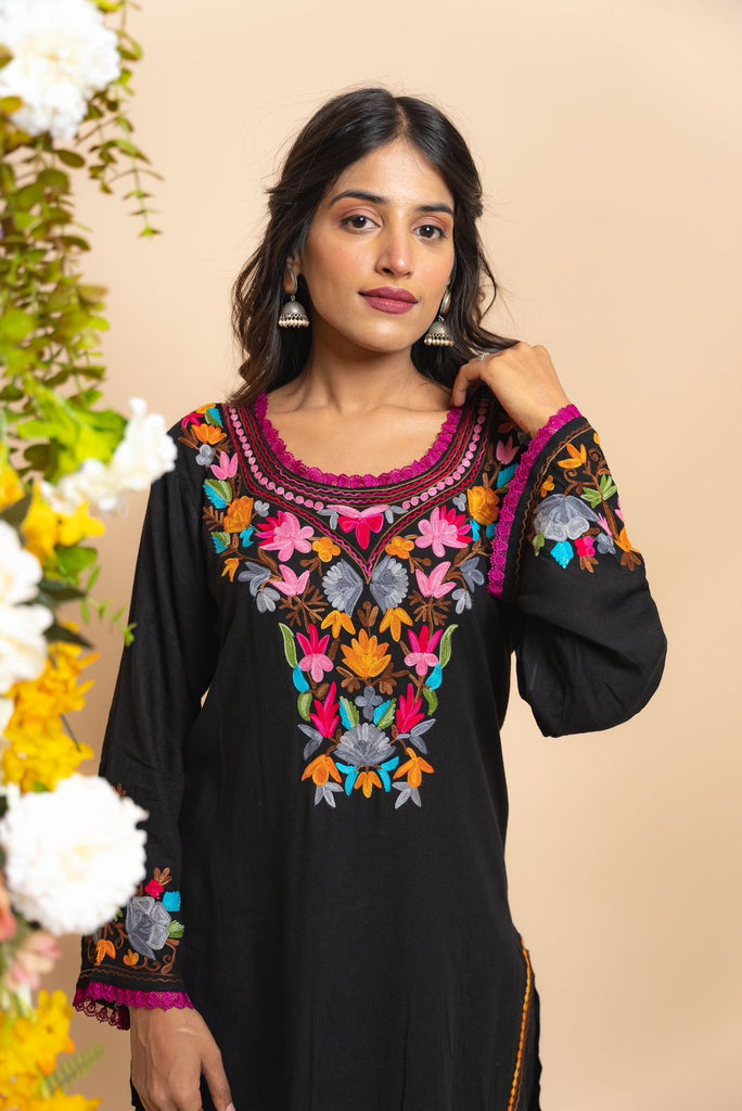 Twara black floral motifs printed & neck floral design embroidered 3/4th  sleeve frill collar layered kurti